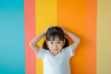 Asian child girl 4-6 years old in a white T-shirt without a pattern against the background of a colored wall - obrazy, fototapety, plakaty