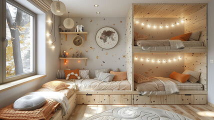 A serene space with multiple beds, perfect for siblings or sleepovers - obrazy, fototapety, plakaty