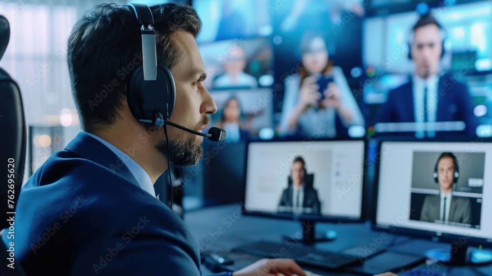 Poster man with headset working at computer generative ai