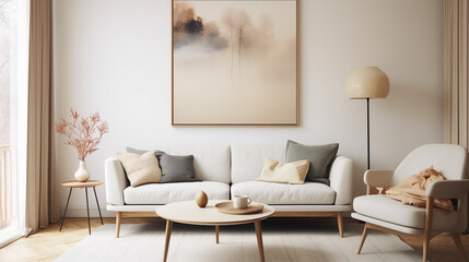 Fototapeta na wymiar Inviting Modern Living Room Interior with Soft Tones and Abstract Art