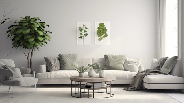 Monochromatic living room with various shades of soft gray and pops of greenery.