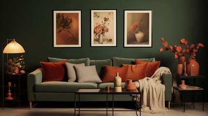 Moody dark green walls with a light beige sofa and pops of terracotta in pillows and artwork.