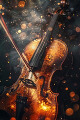Violin  on a dark background with a glowing  bokeh. Classic music poster illustration. Ai generative.