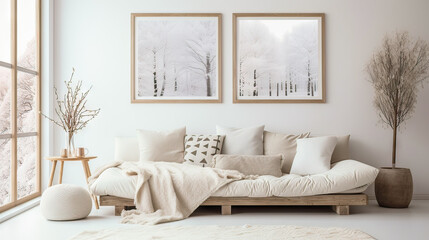 A living room with a white couch and a white blanket on it. The couch is surrounded by pillows and a vase with flowers. The room has a cozy and inviting atmosphere