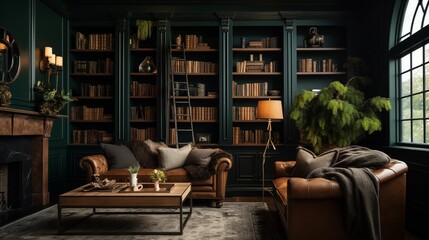 Moody home library with dark green walls, built-in floor-to-ceiling shelving, and cozy reading nook.
