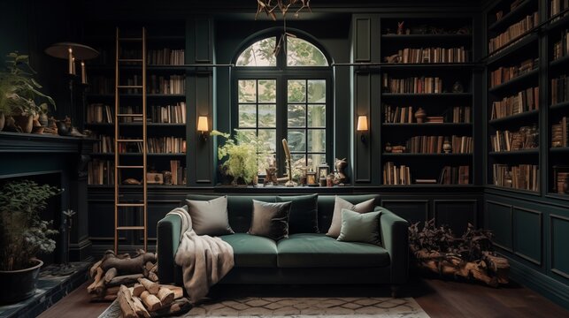 Moody home library with dark green walls, built-in floor-to-ceiling shelving, and cozy reading nook.