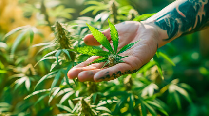 Tattoo hand holds cannabis on plantation.