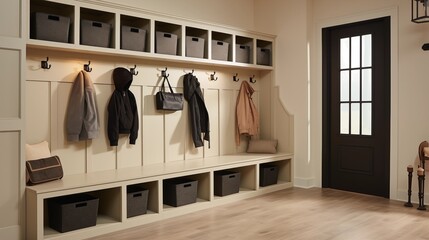 Mudroom in light beiges with oil-rubbed bronze cubbies and storage lockers.