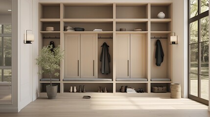 Mudroom in light grayish tans with black framed entryway storage lockers.