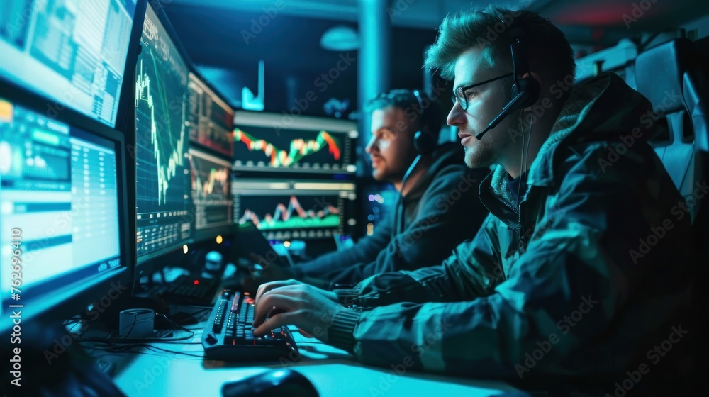 Poster two men in control room working on computer generative ai