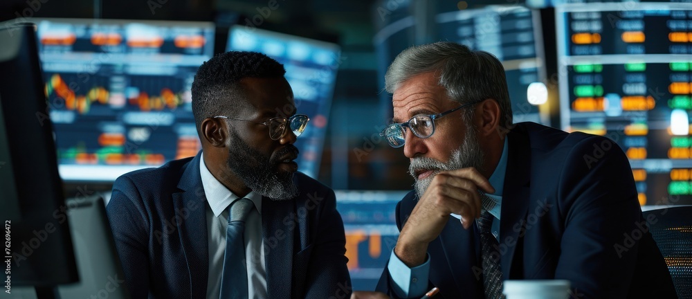 Poster two men analyzing stock market data on computer screen generative ai