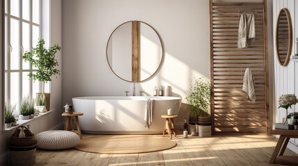 A bathroom with a large mirror and a bathtub. The bathroom is decorated with plants and has a rustic feel