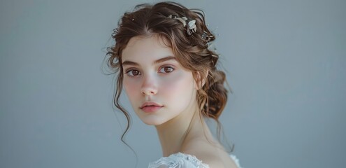 Elegant Bride: Graceful Pose on Grey Background