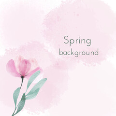 Spring pastel background with watercolor flower and leaves. Watercolor pink art design suitable for presentation, banner, card, social media. Vector
