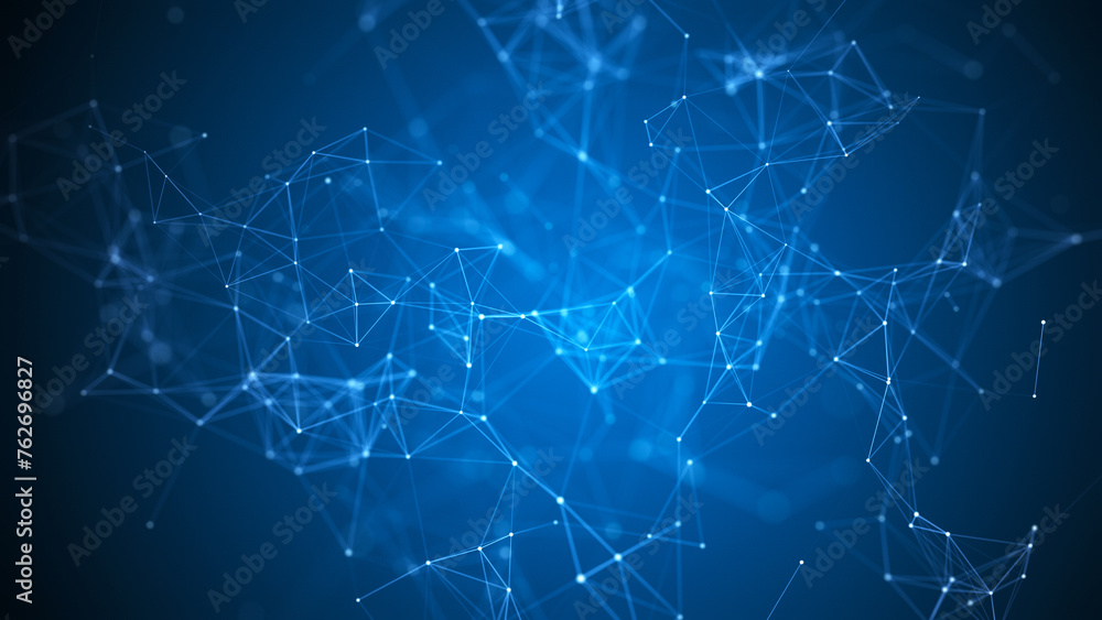 Poster abstract blue background with moving lines and dots. the concept of big data, technology and science