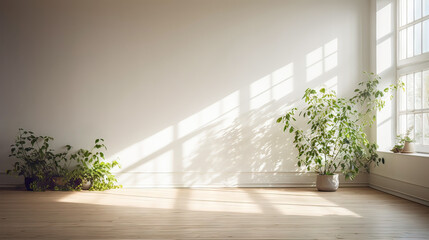 A large window in a room with a white wall and a few potted plants. The plants are placed on the floor and the sunlight is shining on them. The room has a clean and minimalist look