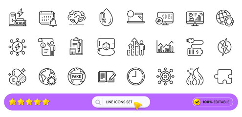 Notification, Feedback and Report statistics line icons for web app. Pack of Co2 gas, Puzzle, Manual doc pictogram icons. Framework, Recovery laptop, Time signs. Infochart, Power, Battery. Vector