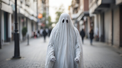 Halloween ghost walking in the street - obrazy, fototapety, plakaty