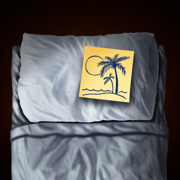 Sleep Vacation and rest tourism as a holiday for resting and relaxation in a bed with a pillow as a restful retreat reminder symbol for health as a travel reminder note
