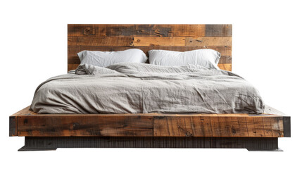 A cozy bed with a rustic wooden headboard made from pallets