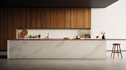 A kitchen with a marble countertop and wooden cabinets. A vase of flowers sits on the counter