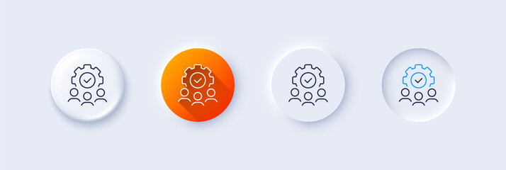 Teamwork line icon. Neumorphic, Orange gradient, 3d pin buttons. Business workflow sign. Job meeting symbol. Line icons. Neumorphic buttons with outline signs. Vector