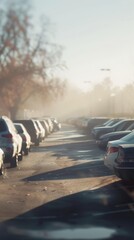 Blurred image of a parking lot, parking in the evening light in the fog
