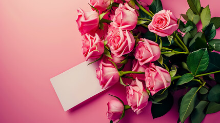 Bouquet of beautiful fresh roses with a card on pink background, top view.