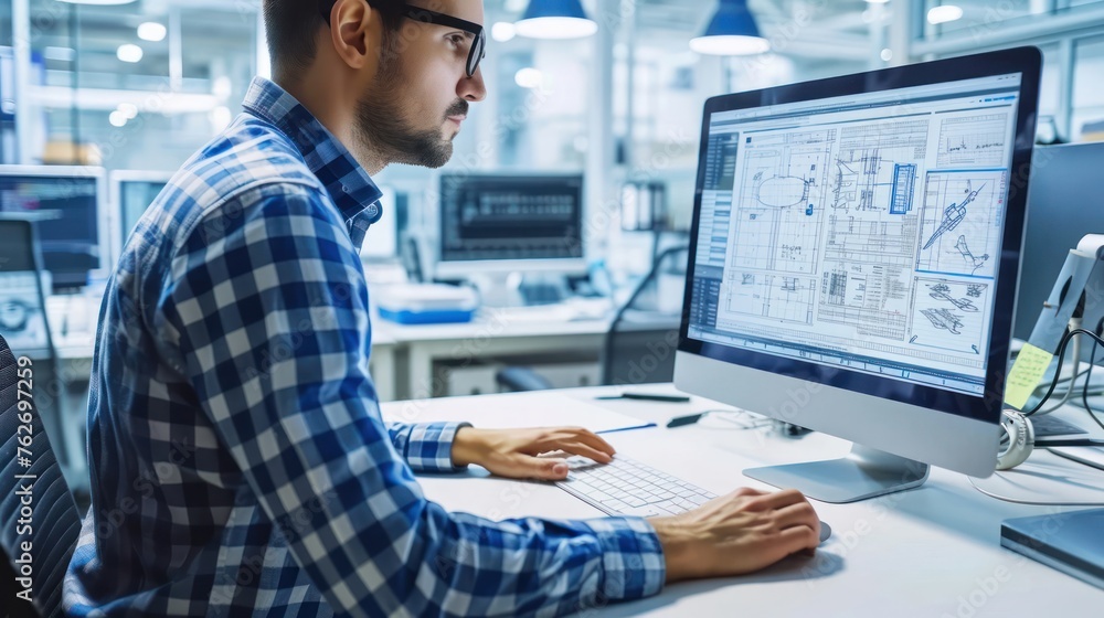Poster man working at desk with computer generative ai