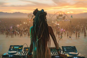 A woman with dreadlocks plays music under the sky at a music festival