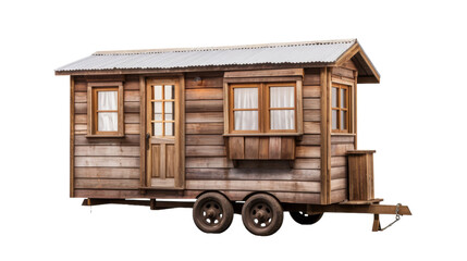 A charming small wooden house on wheels parked on a white background