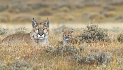 Rolgordijnen Male puma and cub portrait, space for text, object on right side, ideal for adding captions © Ilja