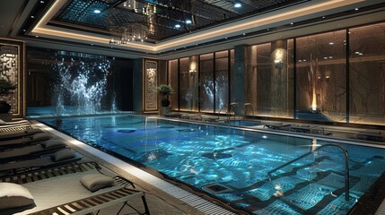 An elegant indoor pool adorned with mosaic tiles and cascading water features, situated within a luxury apartment complex, providing residents with a tranquil retreat from the bustling city life. - obrazy, fototapety, plakaty