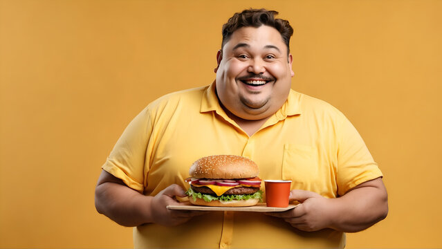 Portrait of fat man holding burger 