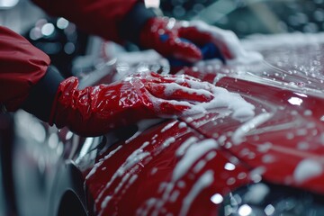 Close-up of a man's hand with a sponge with bubbles washing a car by hand - obrazy, fototapety, plakaty