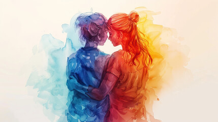 LGBTQ community concept, colorful paint of Lesbian couple hugging , diversity of gay and lesbian community, gay Pride Parade