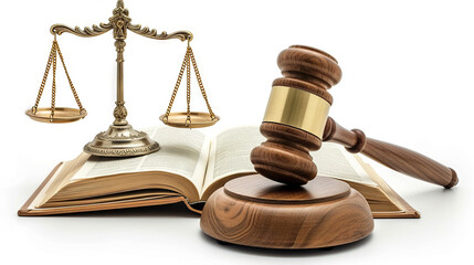 A gavel, scales of justice and book isolated on the white background