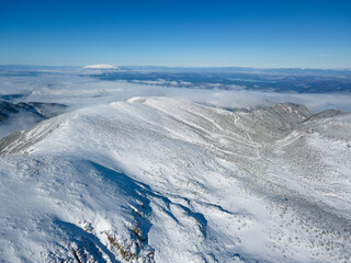 Aerial Winter view of Rila mountain near Musala peak, Bulgaria