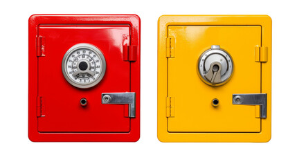 Two vibrant red and yellow safes are placed side by side