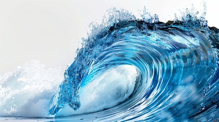 A dynamic and vibrant blue water wave, frozen in time as it curls into a perfect tube, against a...