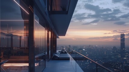 An exclusive high-rise apartment tower rising majestically above the cityscape, featuring a sleek facade of reflective glass and steel, embodying contemporary luxury living.