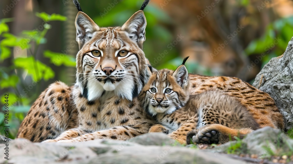Poster male lynx and cub portrait with empty text space, object on the right side for balanced composition