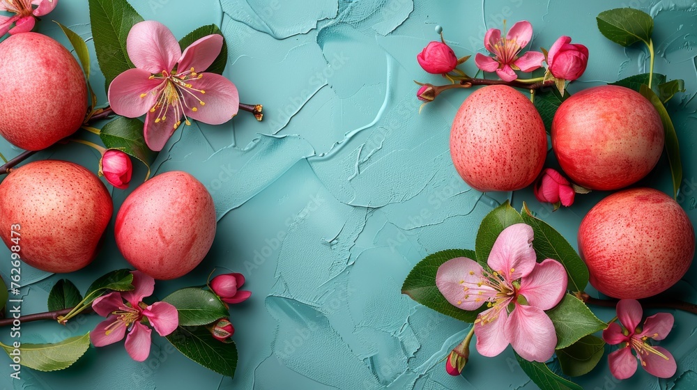 Poster a pair of apples rests atop a table, beside an array of blossoms on a azure background