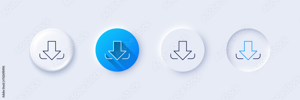 Poster download arrow line icon. neumorphic, blue gradient, 3d pin buttons. down arrowhead symbol. directio