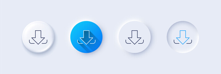 Download Arrow line icon. Neumorphic, Blue gradient, 3d pin buttons. Down arrowhead symbol. Direction or pointer sign. Line icons. Neumorphic buttons with outline signs. Vector