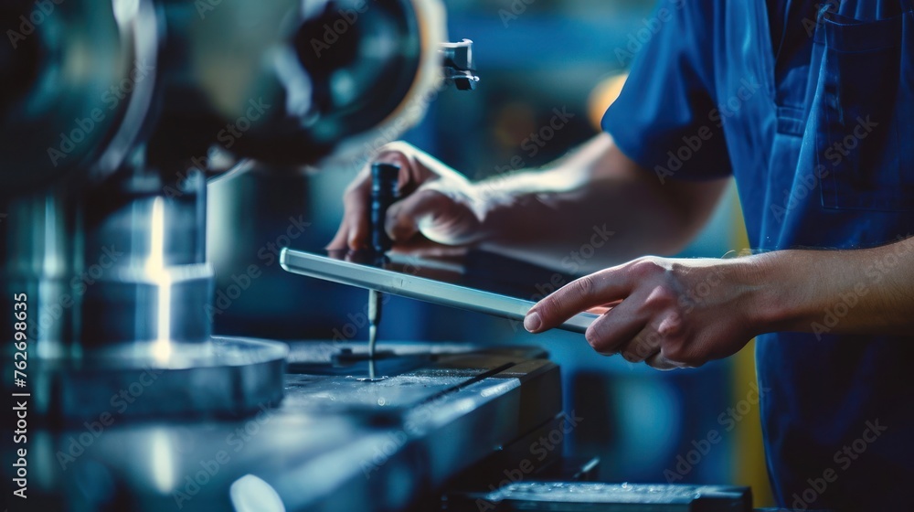 Poster man operating cnc milling machine in factory generative ai