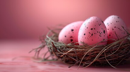 Naklejka na ściany i meble Pink background, close-up nest with speckled eggs