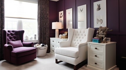 Nursery with white built-ins and deep plum purple tufted channel glider.