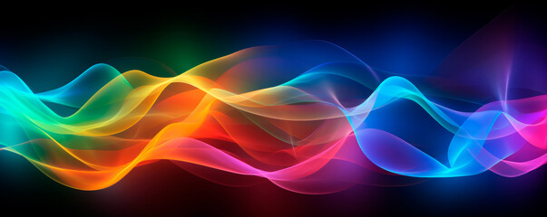 A vibrant wave of multicolored smoke swirls and billows against a stark black background. Varying hues create eye-catching display as the smoke moves, morphs in intricate patterns. Banner. Copy space