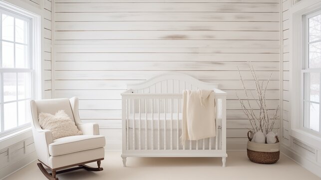 Nursery with white shiplap accent wall and distressed vintage iron baby crib.